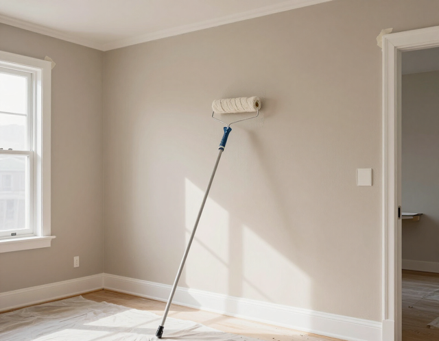 Paint roller on an extension pole in a sunlit empty room with beige walls and white trim