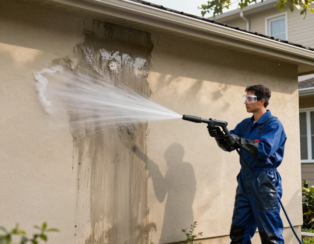 Worker in blue coveralls pressure-washing a beige house wall outdoors.