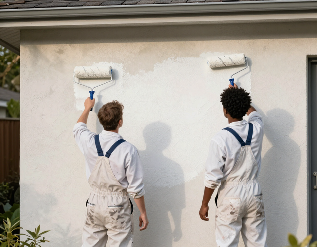Two painters in white overalls rolling white paint onto an exterior wall.