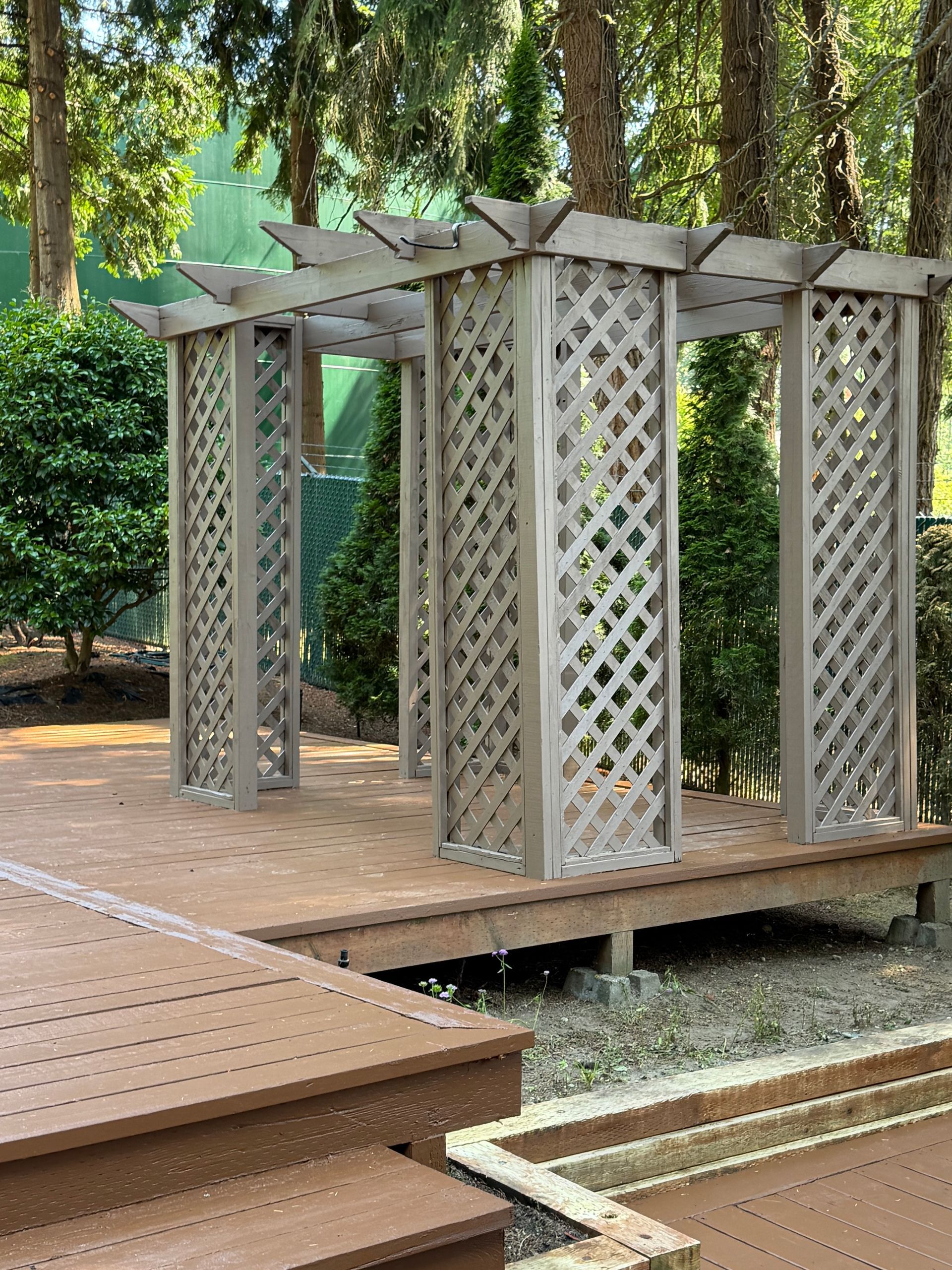 Wooden pergola with lattice posts on a deck beside greenery and a shallow water feature