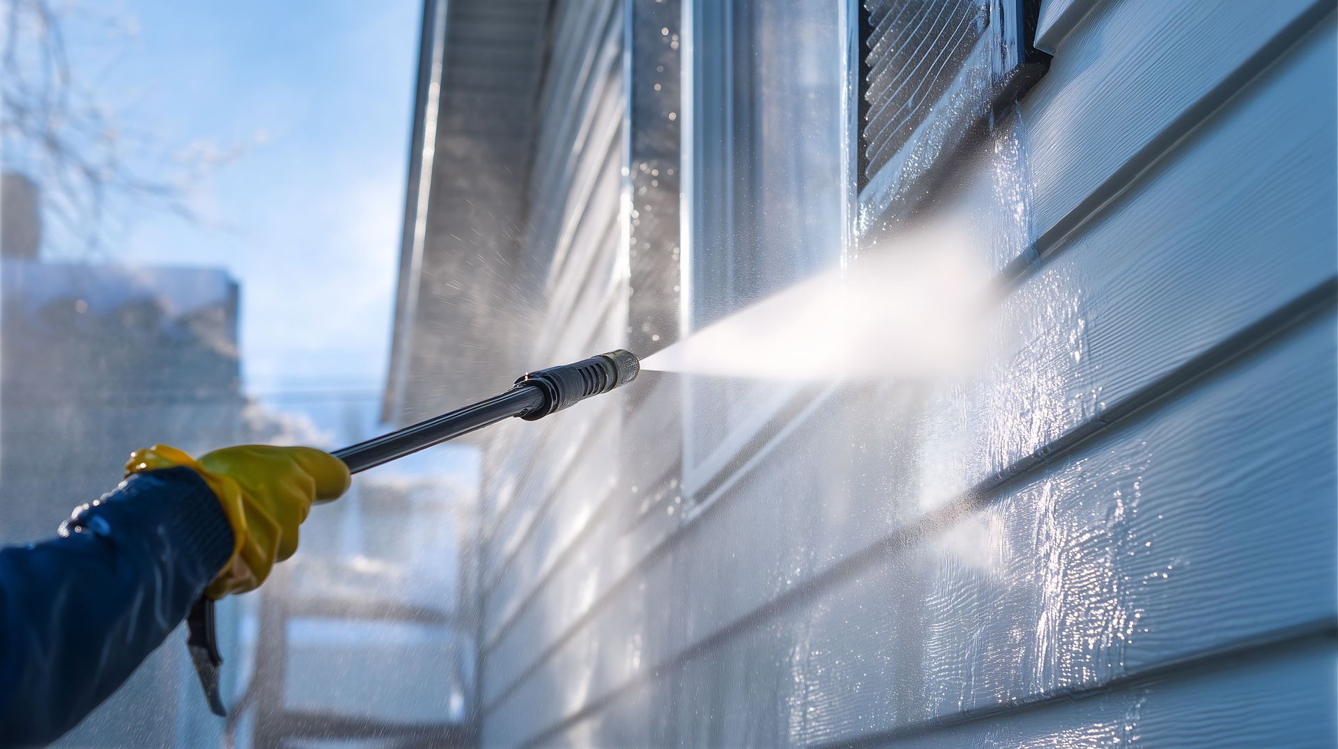 Person pressure washing the siding of a house with a high powered spray. Person pressure washing the siding of a house with a high powered spray.