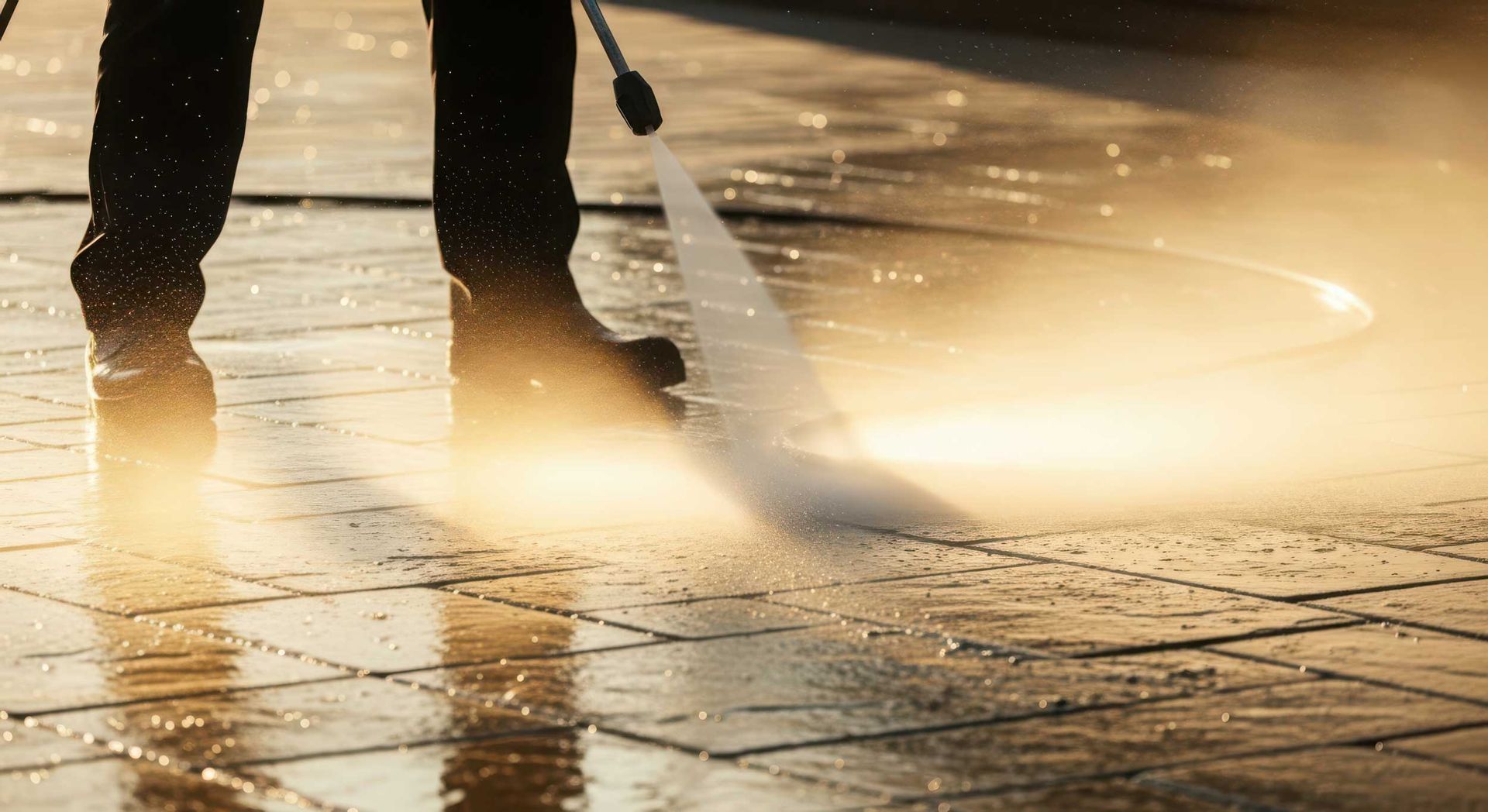 Closeup of a person pressure washing a tiled outdoor floor. Closeup of a person pressure washing a tiled outdoor floor.