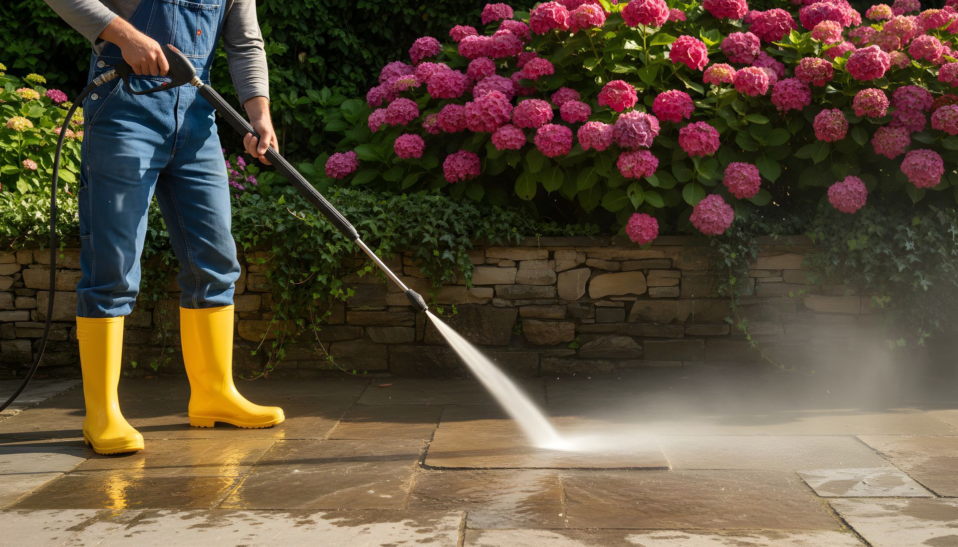 Person in yellow boots pressure washes a stone patio with pink hydrangeas in the background Person in yellow boots pressure washes a stone patio with pink hydrangeas in the background
