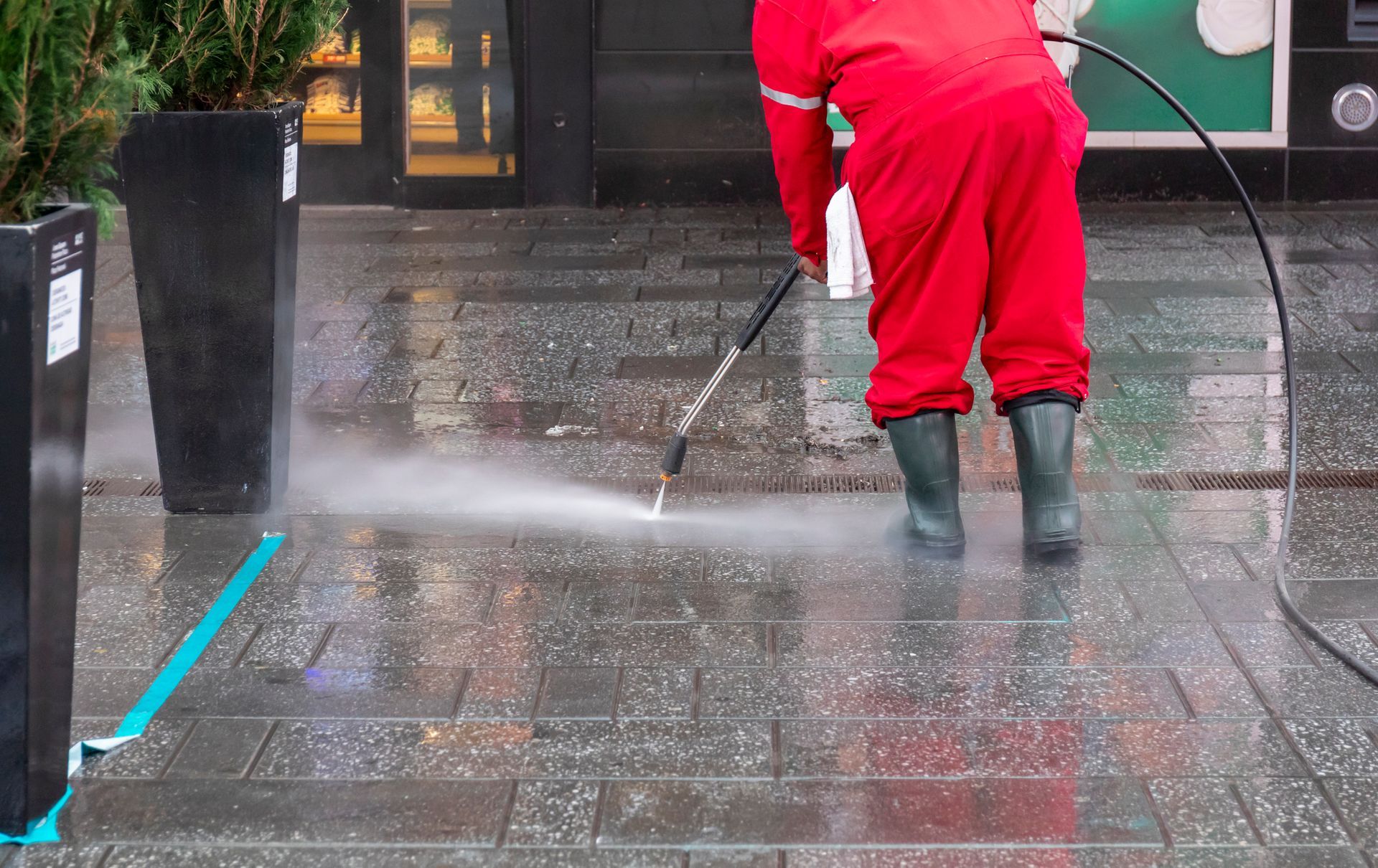 A man is pressure washing the sidewalk in front of a store.