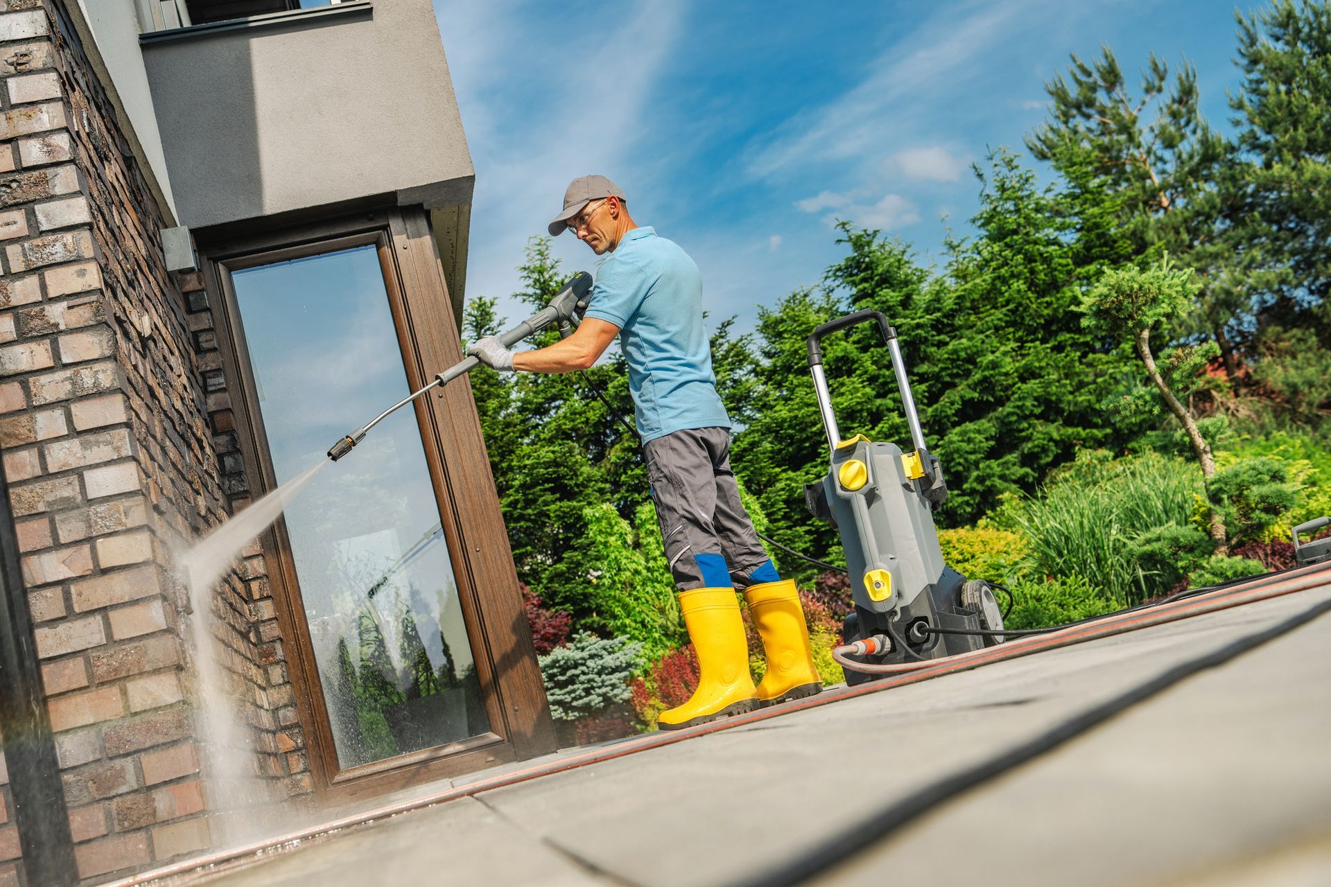 A worker in yellow boots uses a pressure washer to clean the exterior walls of a home. A worker in yellow boots uses a pressure washer to clean the exterior walls of a home.