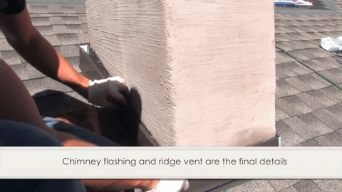 Person installing chimney flashing on a roof, near a textured chimney, with text overlay.