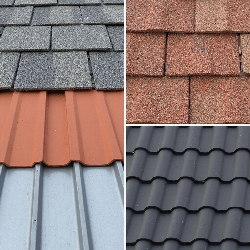 Four close-up views of different roofing materials: gray shingles, reddish shingles, corrugated metal, and gray tiles.