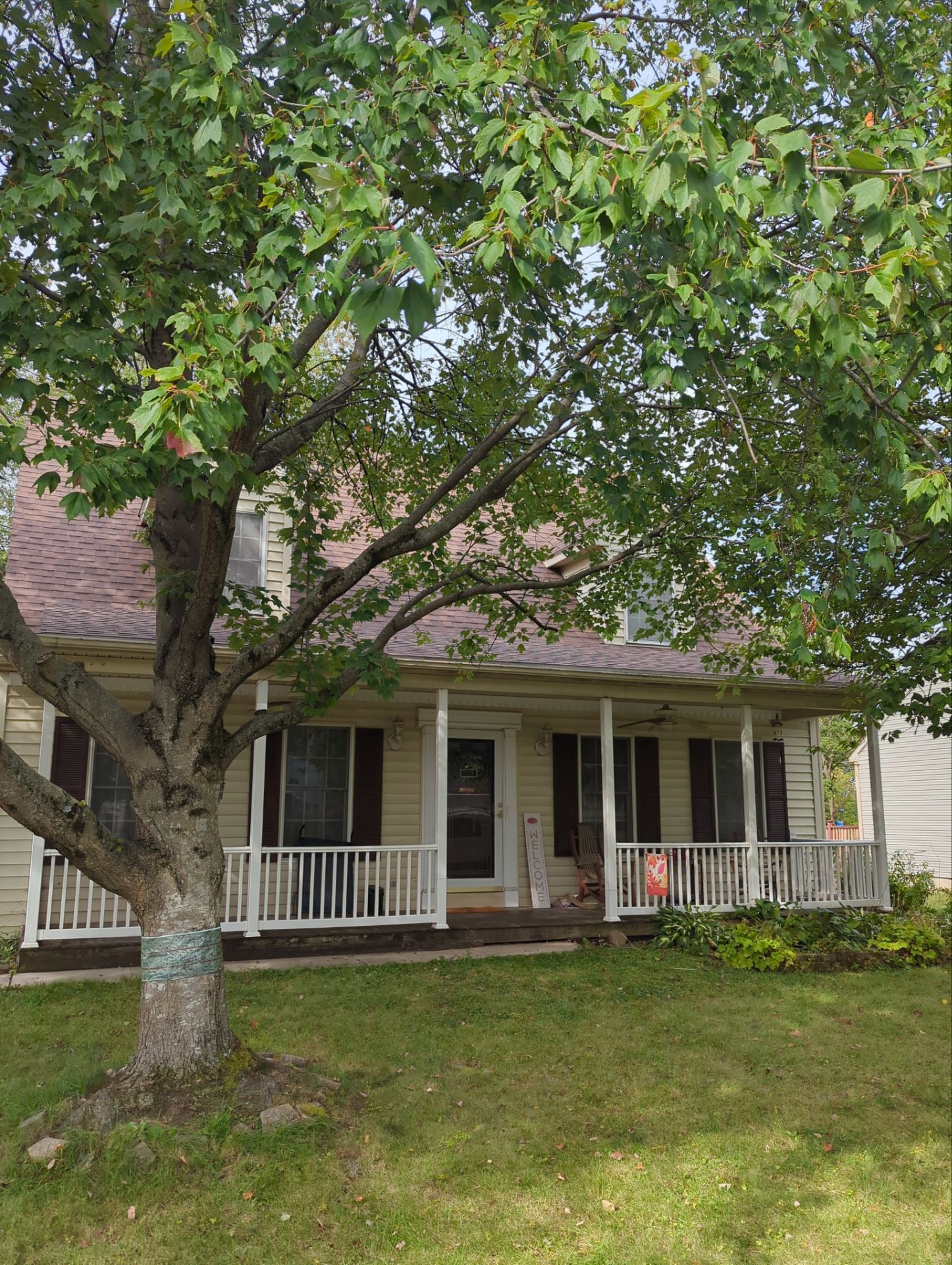 Front porch of a house with white railings, partly hidden by a large tree and green lawn.