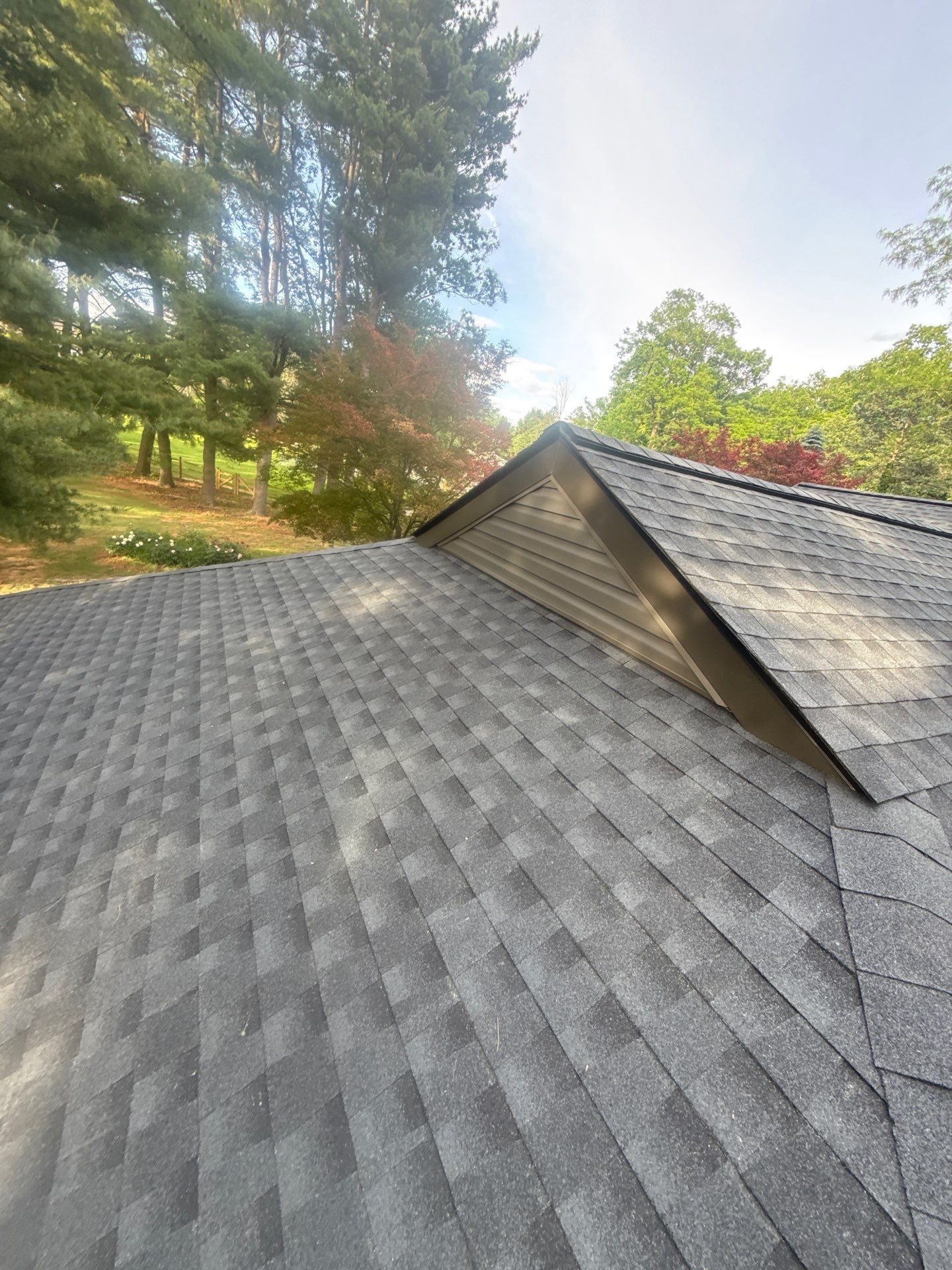 Gray shingled roof with a dormer, surrounded by tall trees under a bright sky
