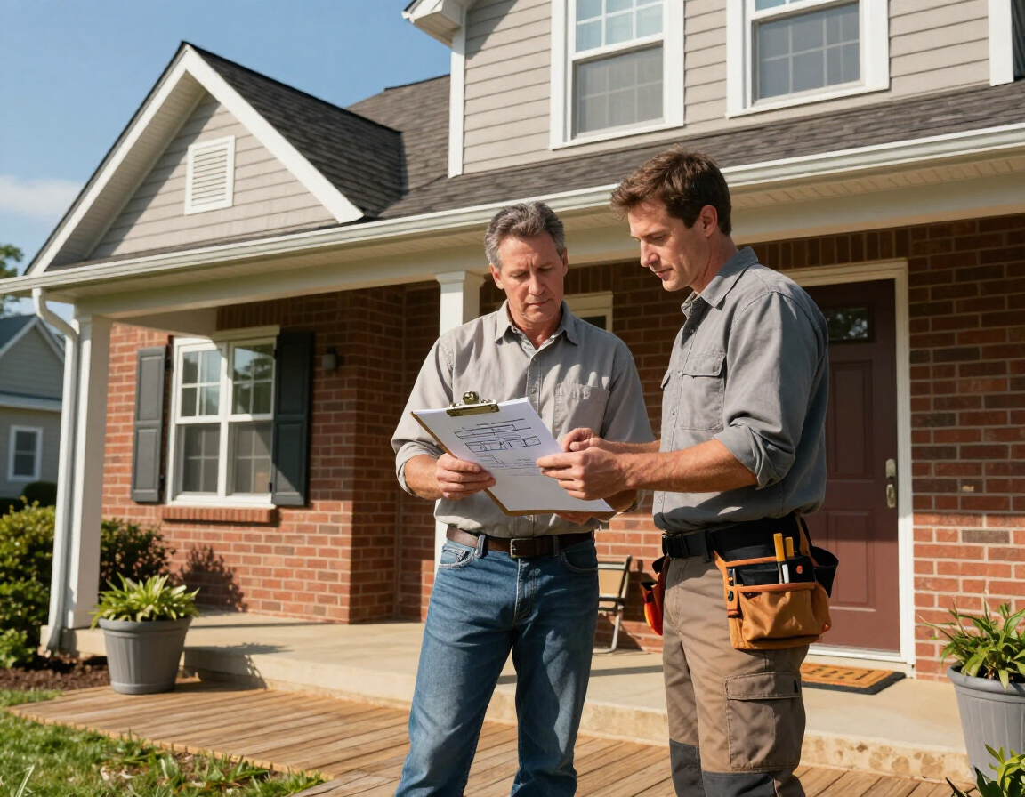 Homeowner reviewing a final roofing proposal with a contractor before making a decision
