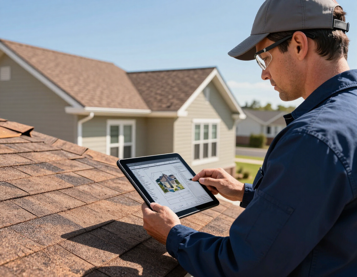 Roofing contractor reviewing aerial measurement data for an instant roof quote
