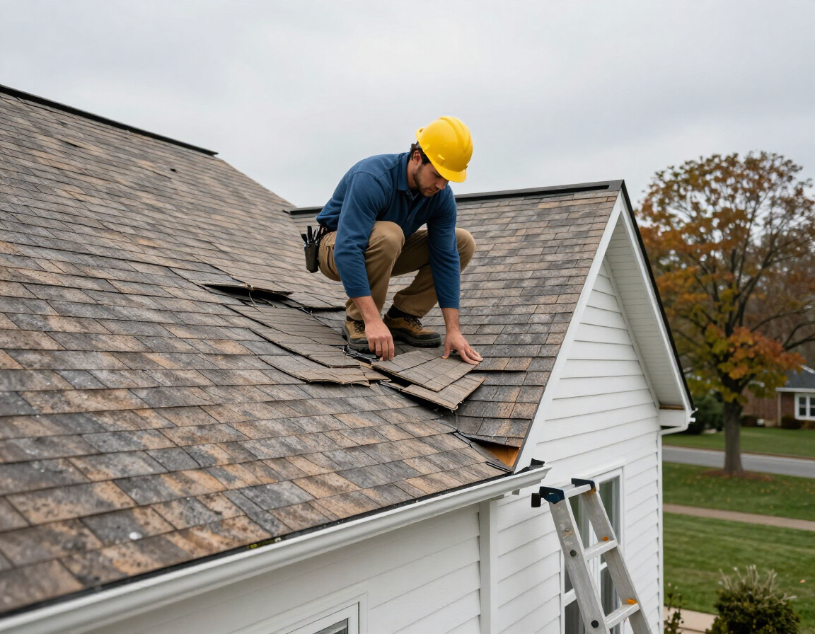 Roofing contractor inspecting a residential roof for storm damage