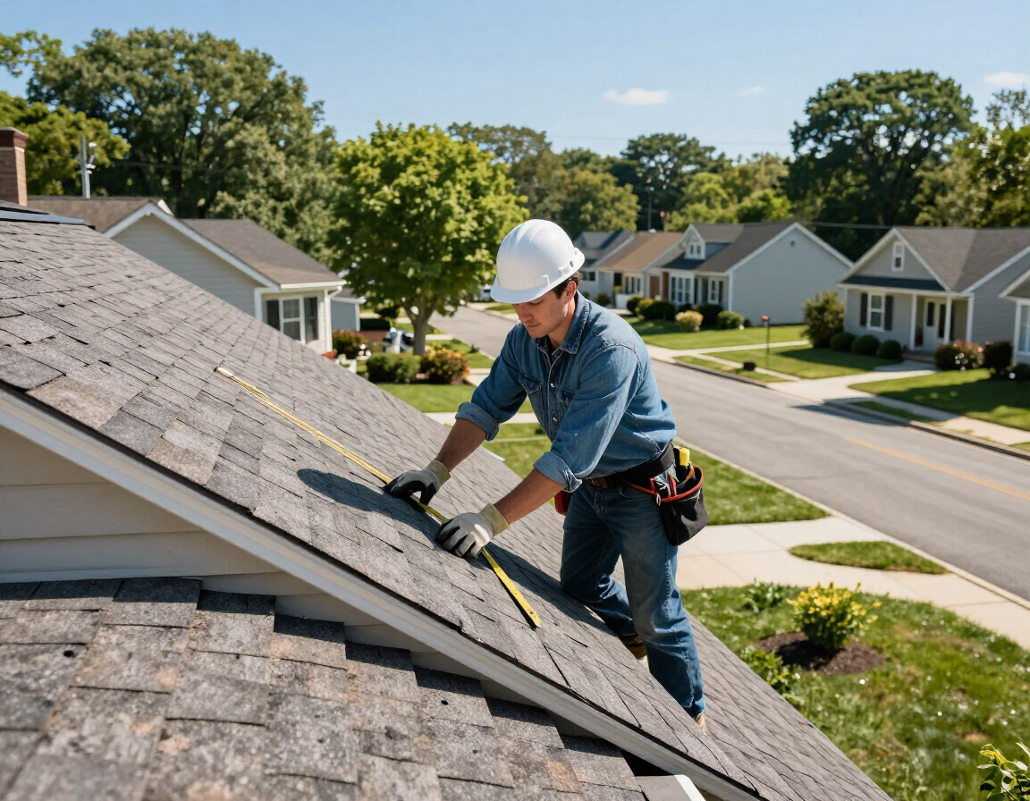Roofing contractor measuring a residential roof slope