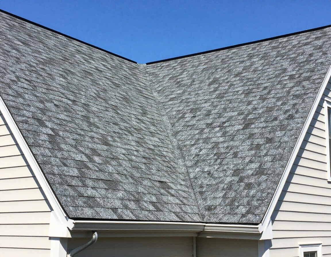 Newly installed asphalt shingle roof on a suburban Pennsylvania home