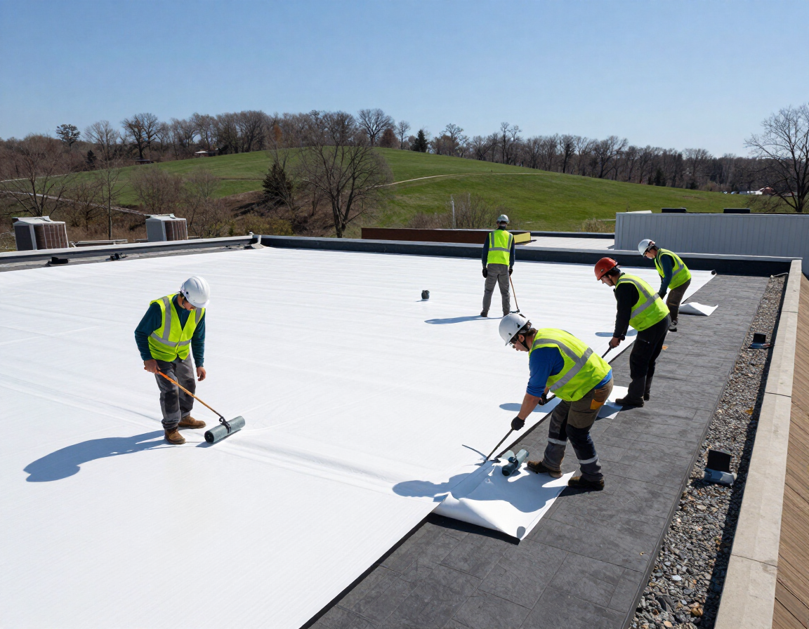 Roofing crew installing a TPO membrane on a commercial flat roof