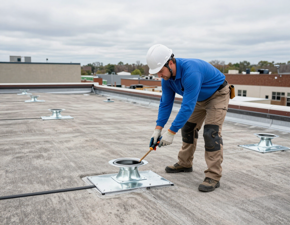 Commercial roofing contractor inspecting drains and flashings on a flat roof