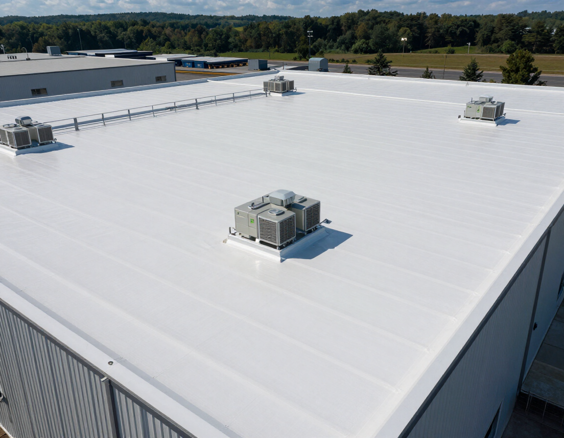 Rooftop with white membrane and several HVAC units under clear sky