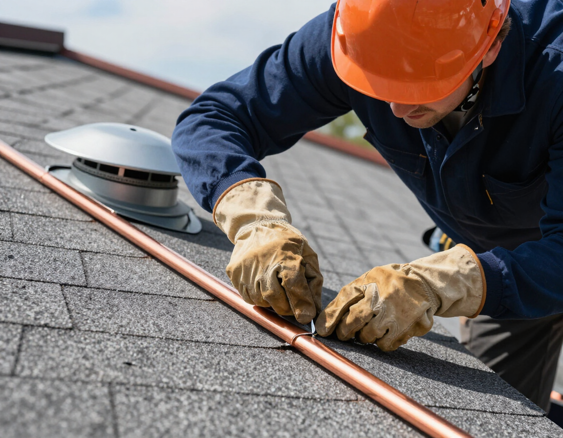 Roofer installing flashing and ventilation components on an asphalt shingle roof