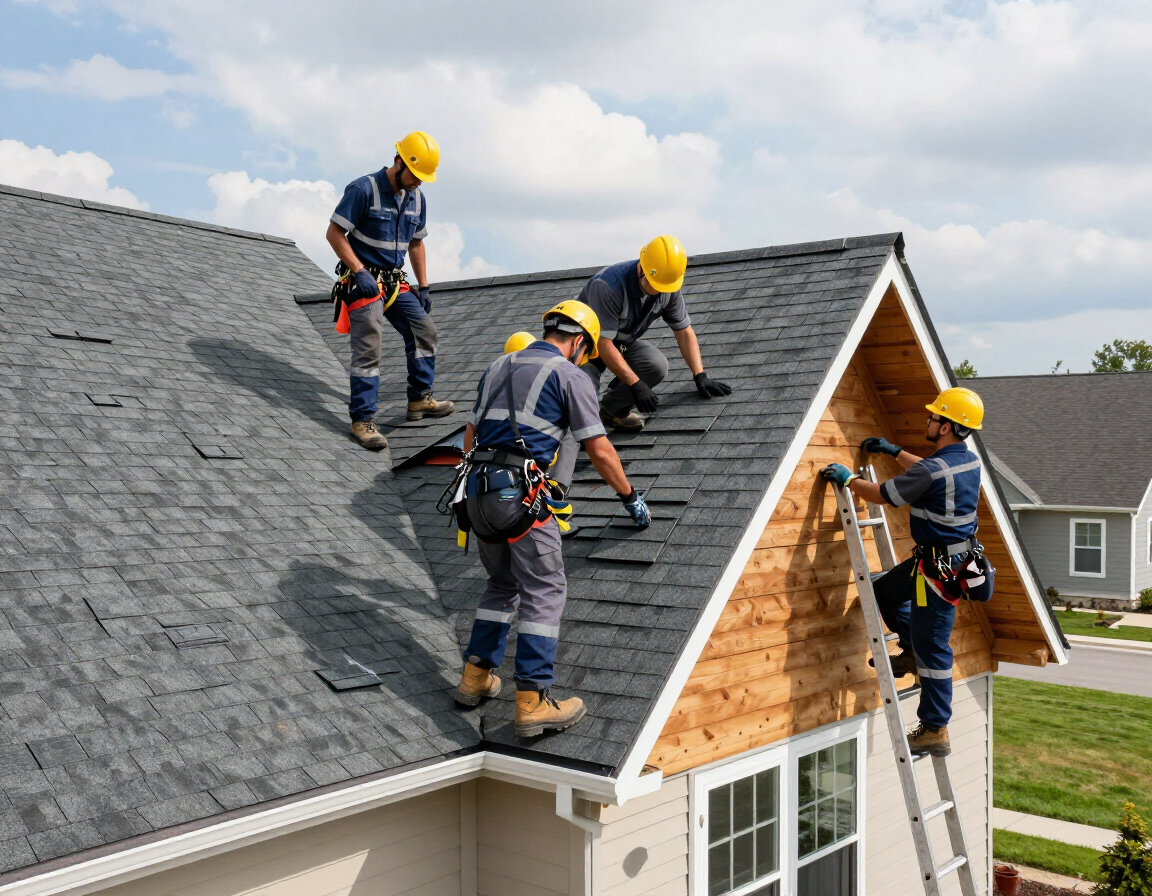 Roofing crew working together on a pitched residential roof installation