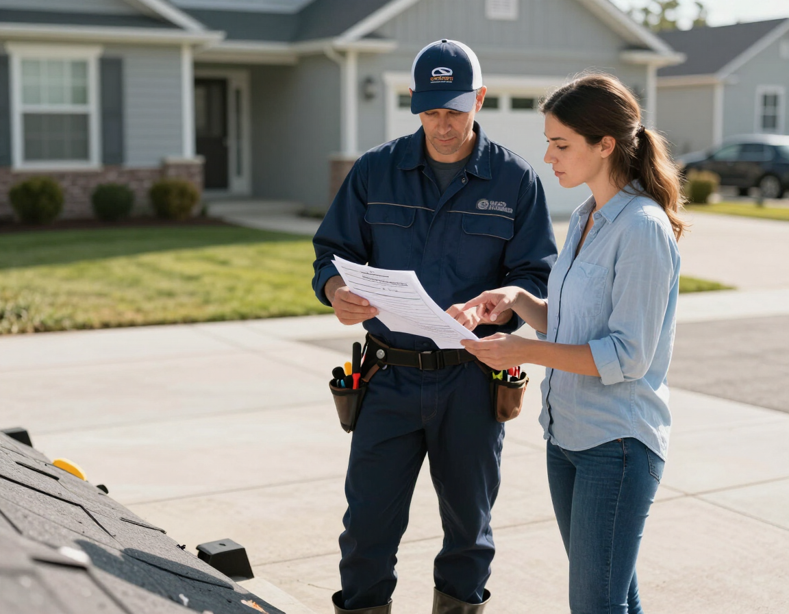 Roofing contractor reviewing registration and insurance paperwork with a homeowner