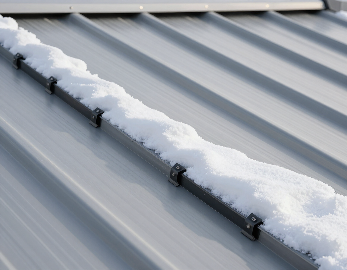 Snow guards installed near the eave of a standing-seam metal roof holding back accumulated snow