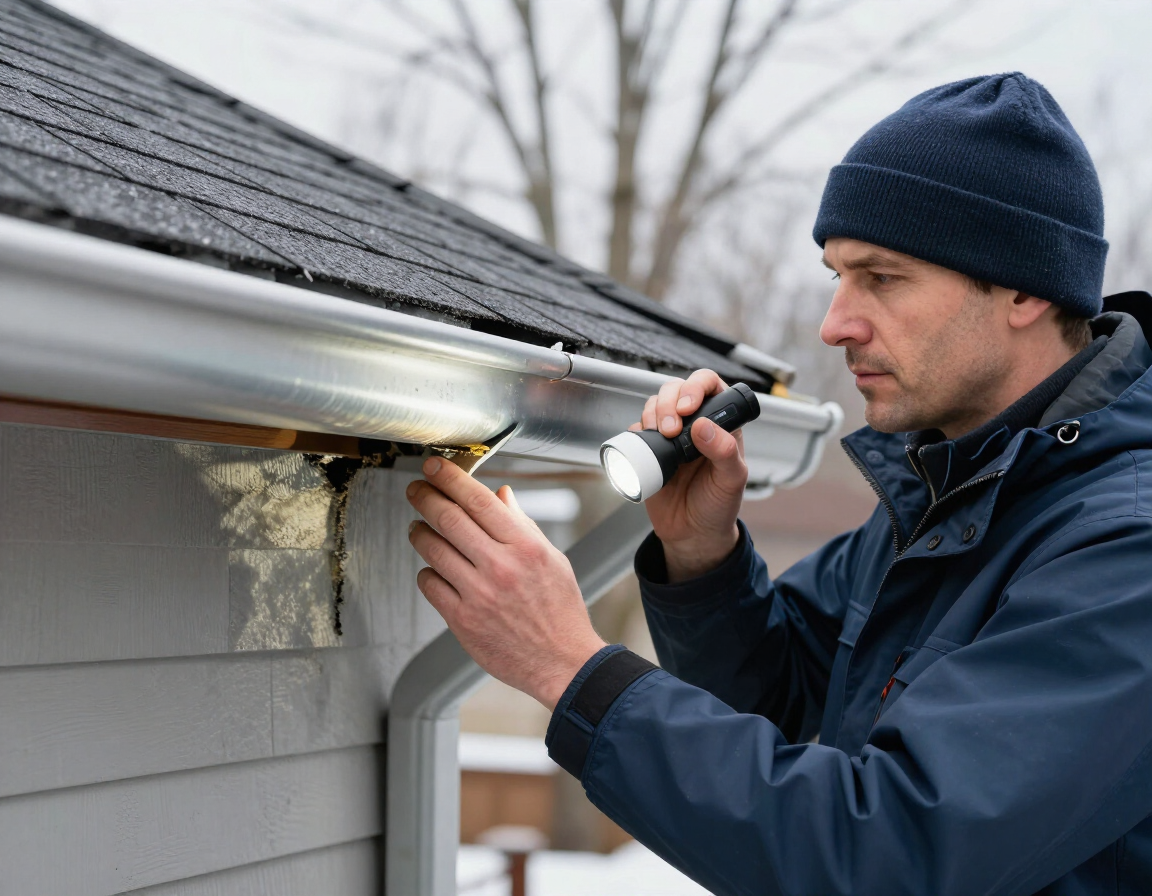 Roofing professional inspecting a gutter and roof edge for winter damage