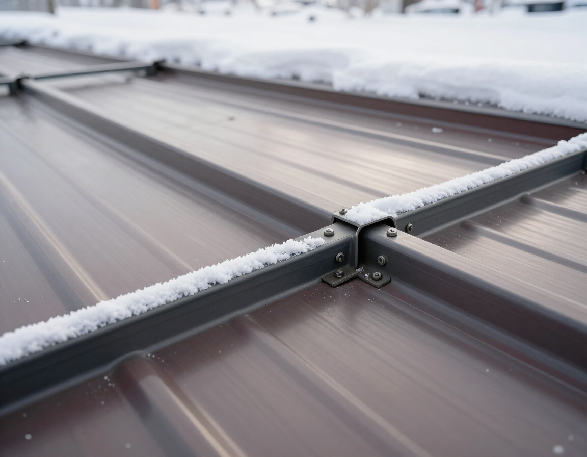 Continuous snow retention rail system mounted along the lower edge of a metal roof