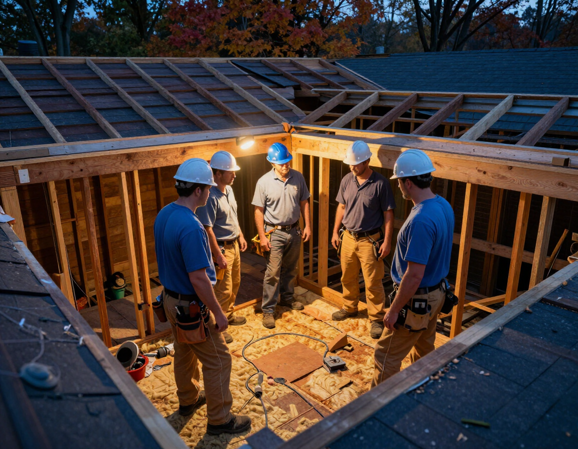 Roofing crew inspecting a crawl space during a roof replacement in Pennsylvania