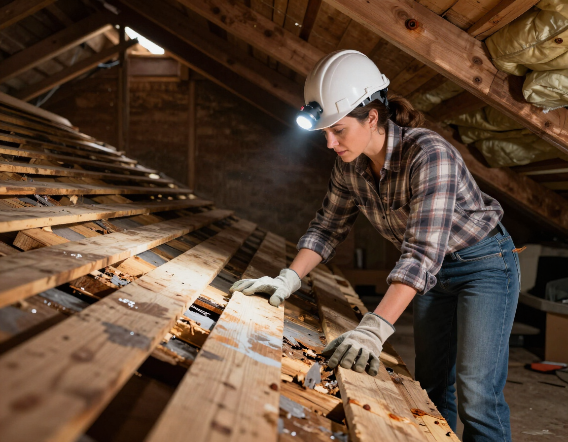 Roofing contractor inspecting water-damaged roof deck sheathing in an attic