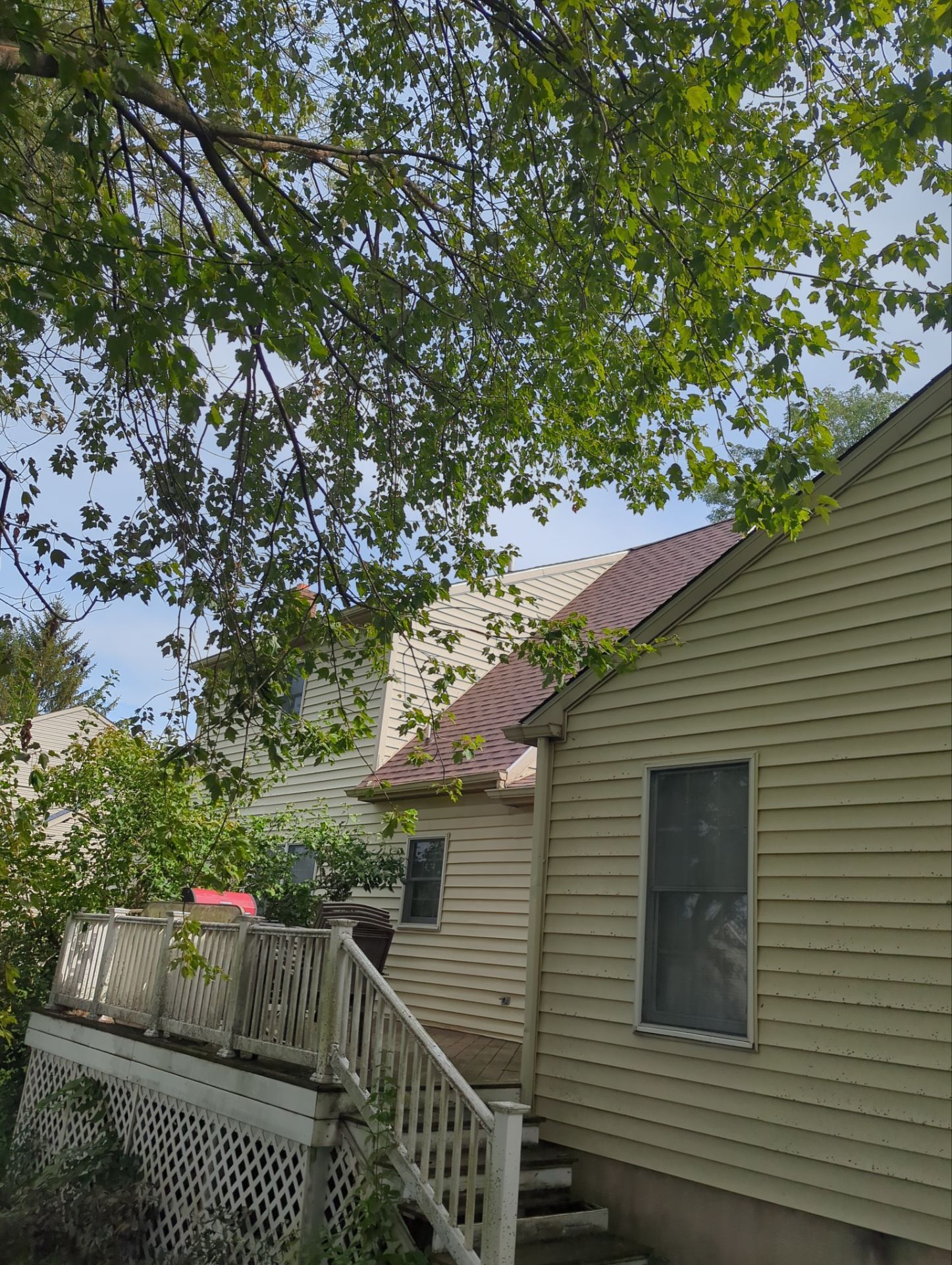 Backyard deck beside a tan house, with leafy tree branches overhead and a red chair on the porch.