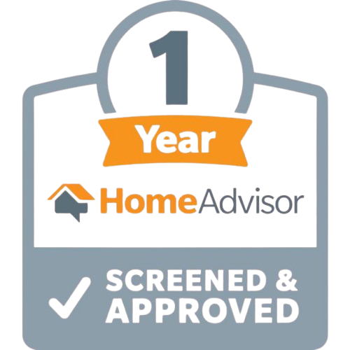 HomeAdvisor 1-Year Screened & Approved badge with orange banner and check mark.