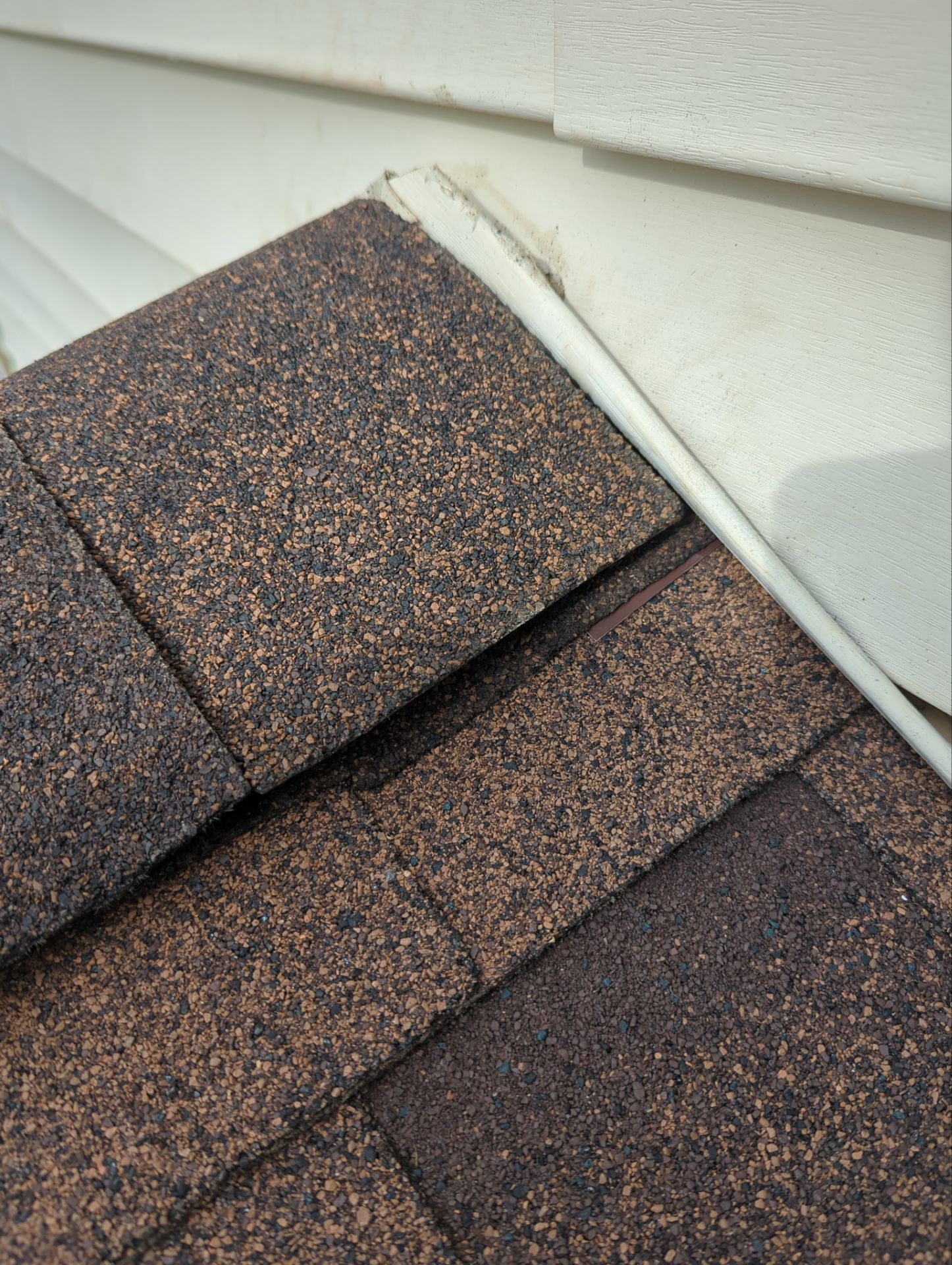 Close-up of brown asphalt roof shingles against light gray siding