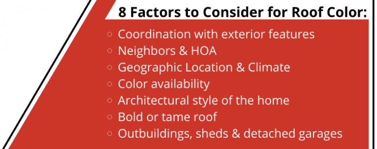 List of 8 factors to consider for roof color on a red background.
