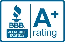 BBB Accredited Business logo, blue and white, with an A+ rating.