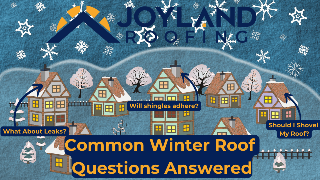 Winter roof questions graphic: Houses with snow, logo 
