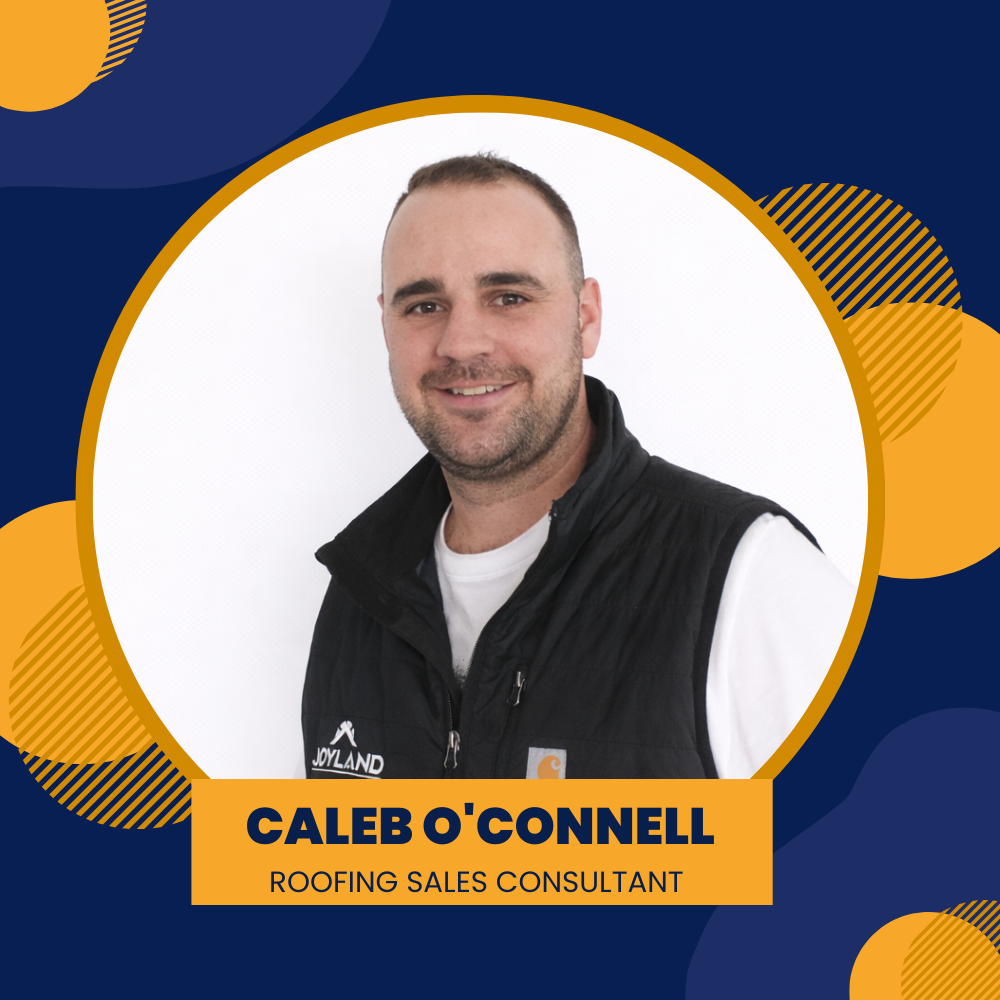 Logo for Joyland Roofing with a roof icon, company name, and contact information for Caleb O'Connell.