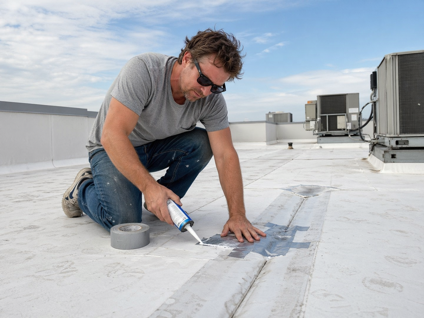 Worker sealing a rooftop seam with caulk on a white flat roof under a blue sky