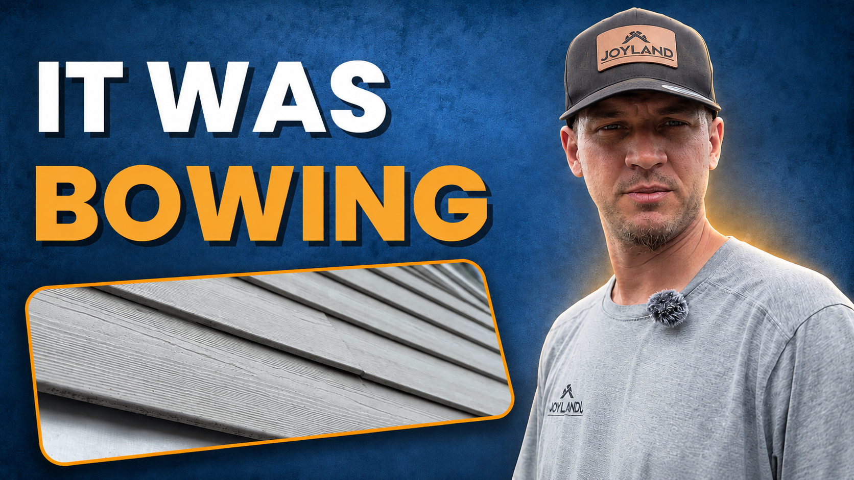 Man in a cap beside bold text “IT WAS BOWING” and a close-up of warped metal siding.