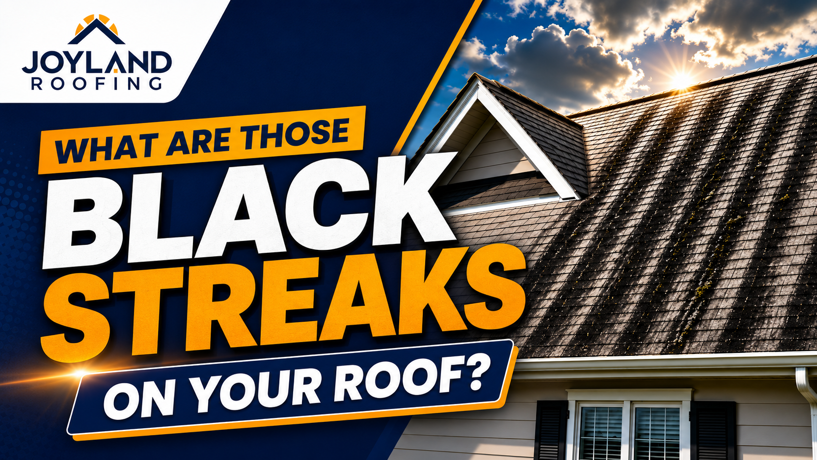 Roofing ad with text “What are those black streaks on your roof?” over a house roof and sky