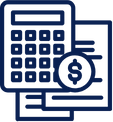 Calculator and financial documents with dollar sign icon.