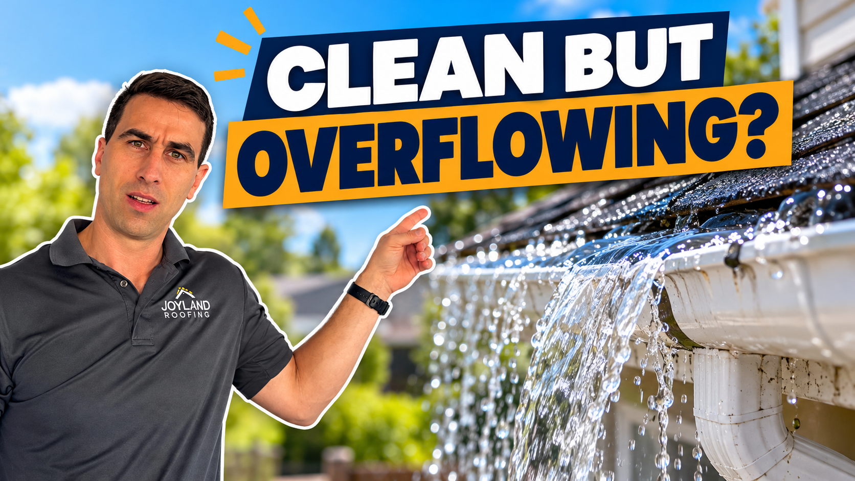 Man pointing at overflowing gutter with water pouring off a roof; text reads “CLEAN BUT OVERFLOWING?”