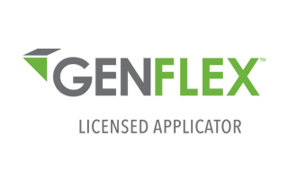 Logo for Genflex, a licensed applicator; green and gray text and geometric design on white.
