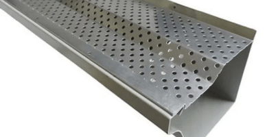 Perforated silver metal drainage channel with raised sides and a slotted surface