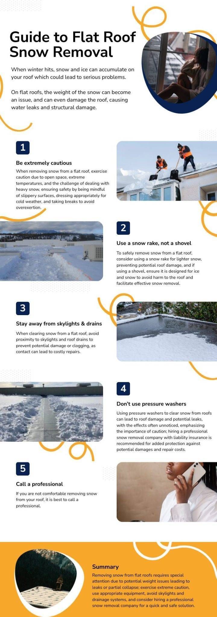 Guide to flat roof snow removal: steps to remove snow, photos of roof work, a phone call.