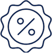 Discount badge icon. Dark blue outline, with percent symbol inside a circle with a scalloped edge.