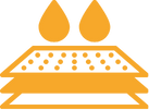 Illustration of water droplets over layered material, likely representing water resistance or absorption.