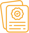 Two documents, one with a seal and checkmark, in gold.