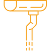 Gold-colored illustration of a gutter and downspout, draining water.