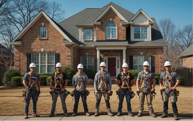 A group of seven construction workers in hard hats and harnesses stand in front of a brick house.