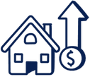 House with upward arrow and dollar sign, indicating rising home value.